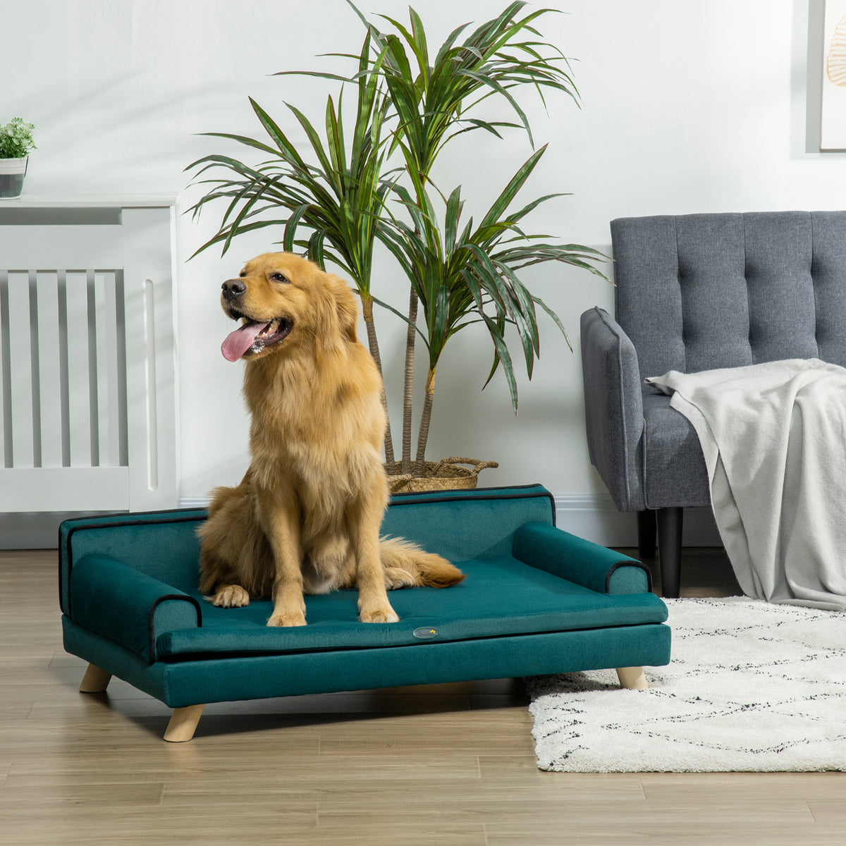Design Scandinavisch honden- en kattenbankje, zacht uitneembaar kussen, poten van massief hout, 100 x 62 x 32 cm, eendeblauw