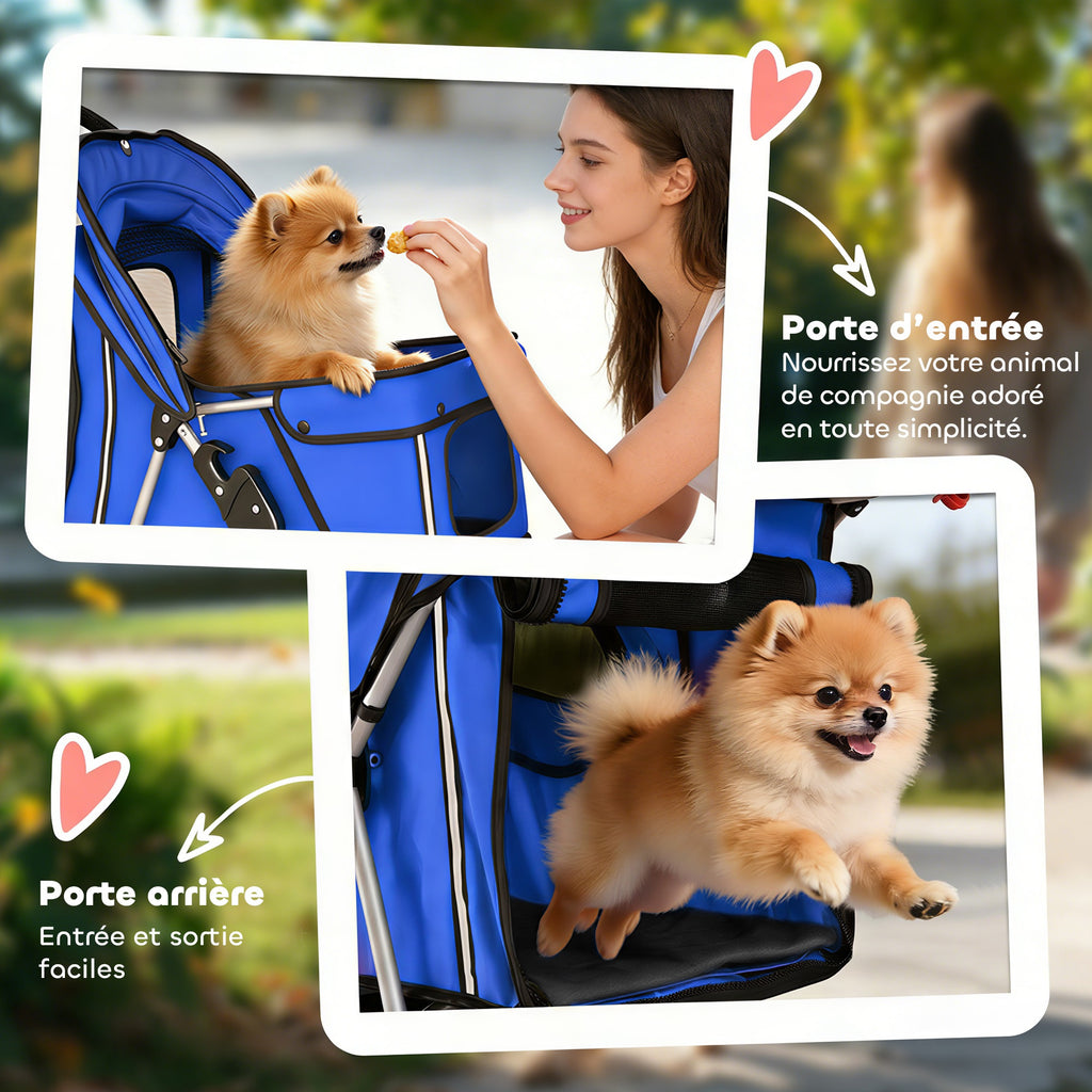 Opvouwbare dierenbuggy honden- en kattenwagen inklapbaar met bekerhouder en opbergmand 75 x 45 x 97 cm blauw