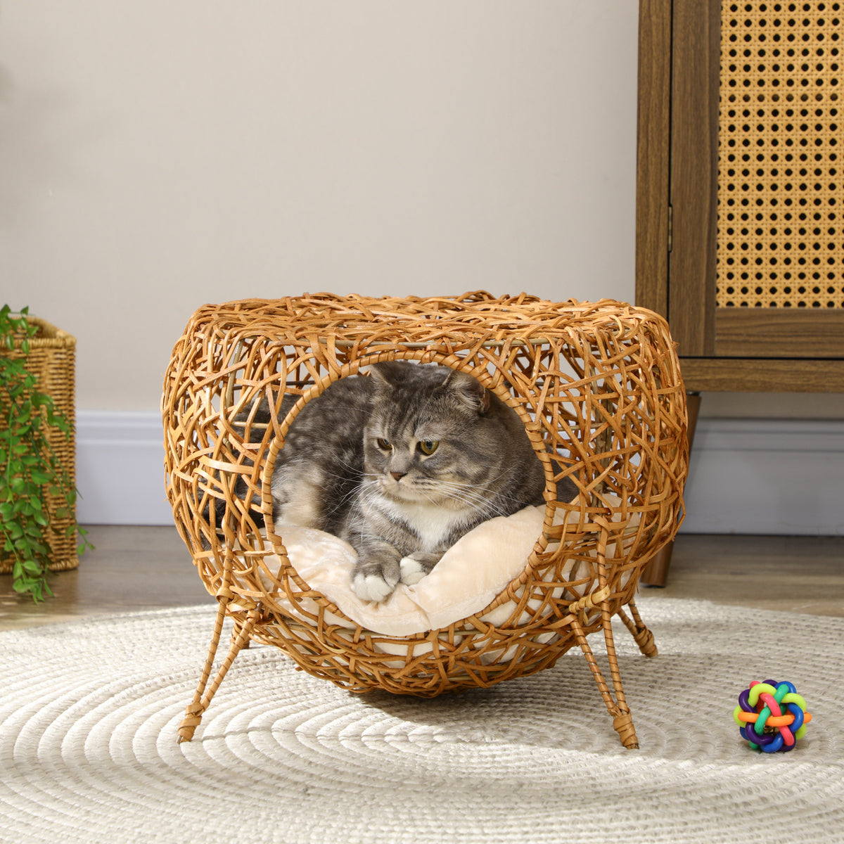 Kattenmand kattenbed kattenhuis rotan kattenhuis dik kussen Ø 40 x 32 cm lichtbruin