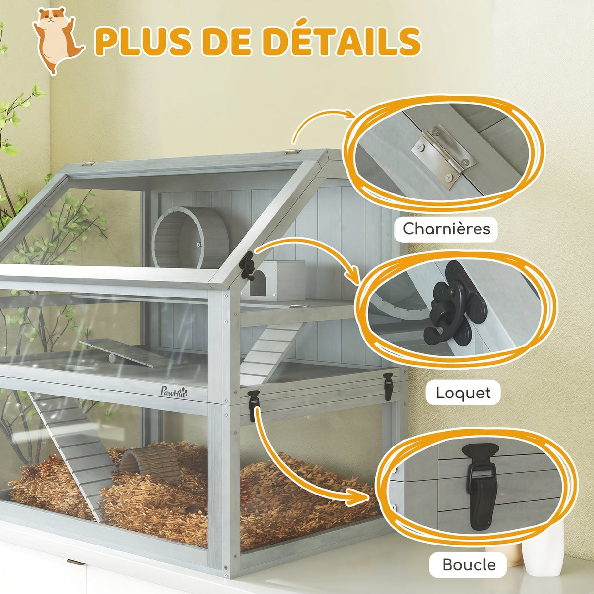 Cage Hamster Rongeur à 3 Niveaux, Base Amovible Profonde, Cabane, Balançoire, 80x50x76cm Gris Clair