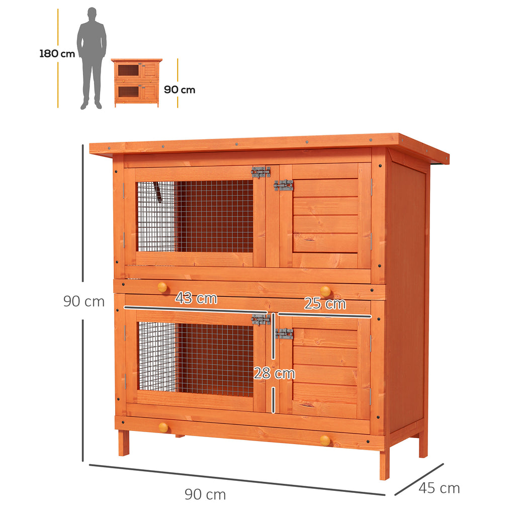 Konijnenhok konijnenkooi dubbel niveau uitschuifbare lades 4 afsluitbare deuren openslaand dak 90L x 45B x 90H cm