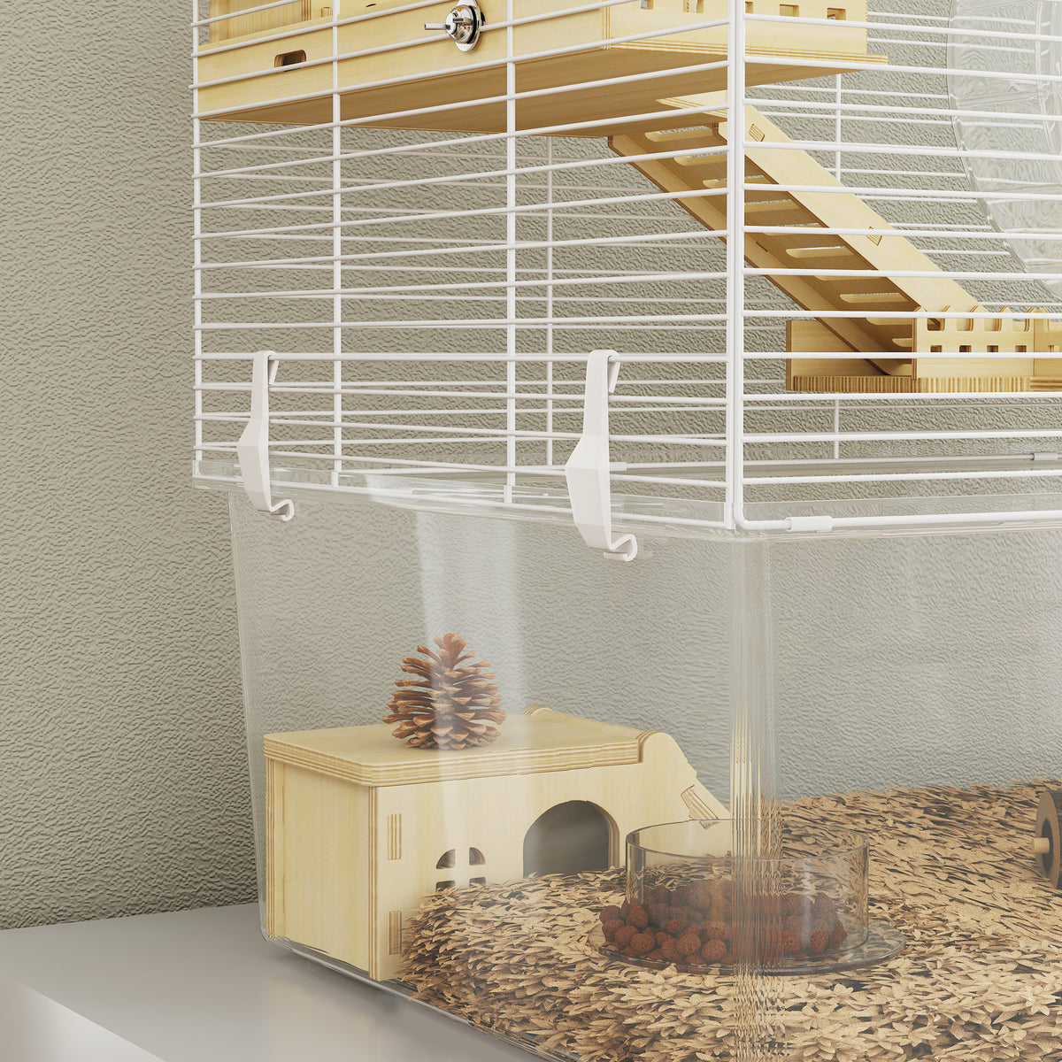 Hamsterkooi met 3 verdiepingen, knaagdierkooi met loopwiel, transparante diepe onderbak, 59 x 35,5 x 47 cm, wit
