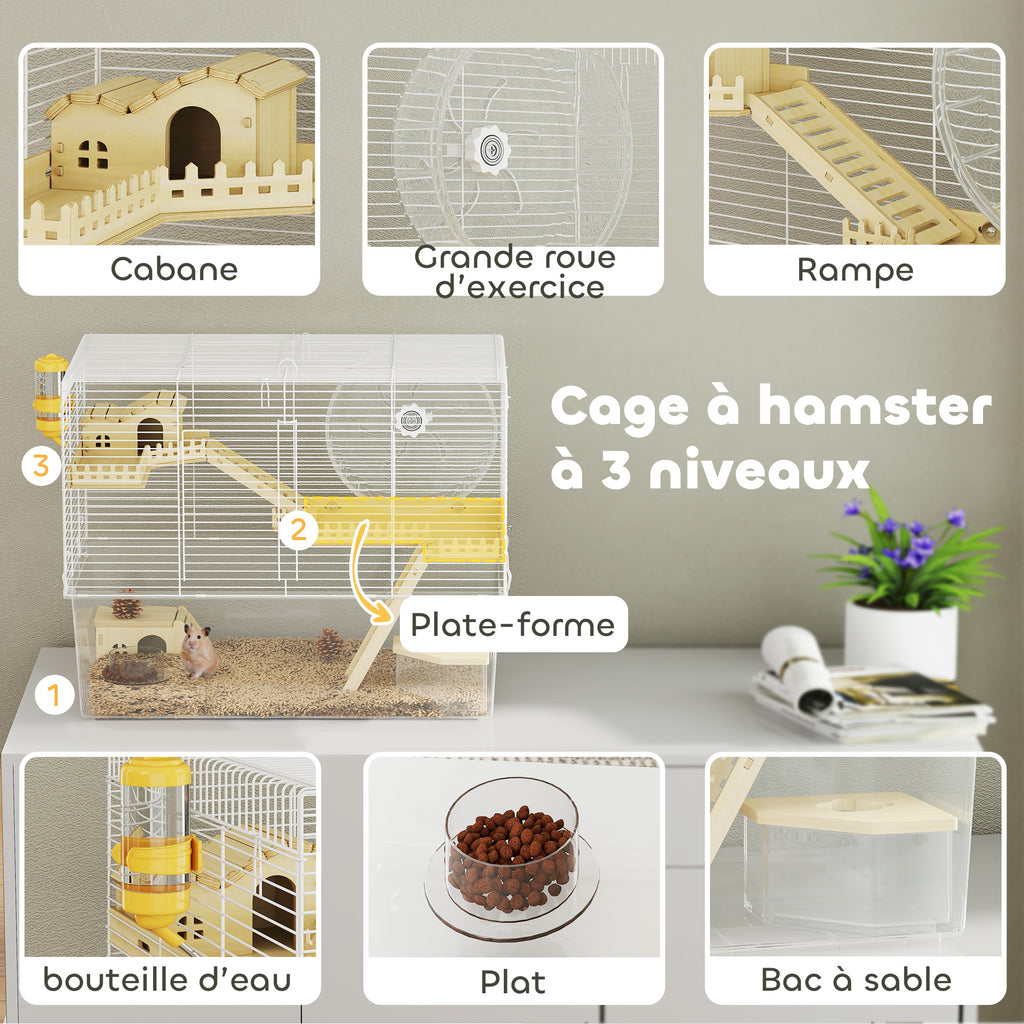 Hamsterkooi met 3 verdiepingen, knaagdierkooi met loopwiel, transparante diepe onderbak, 59 x 35,5 x 47 cm, wit