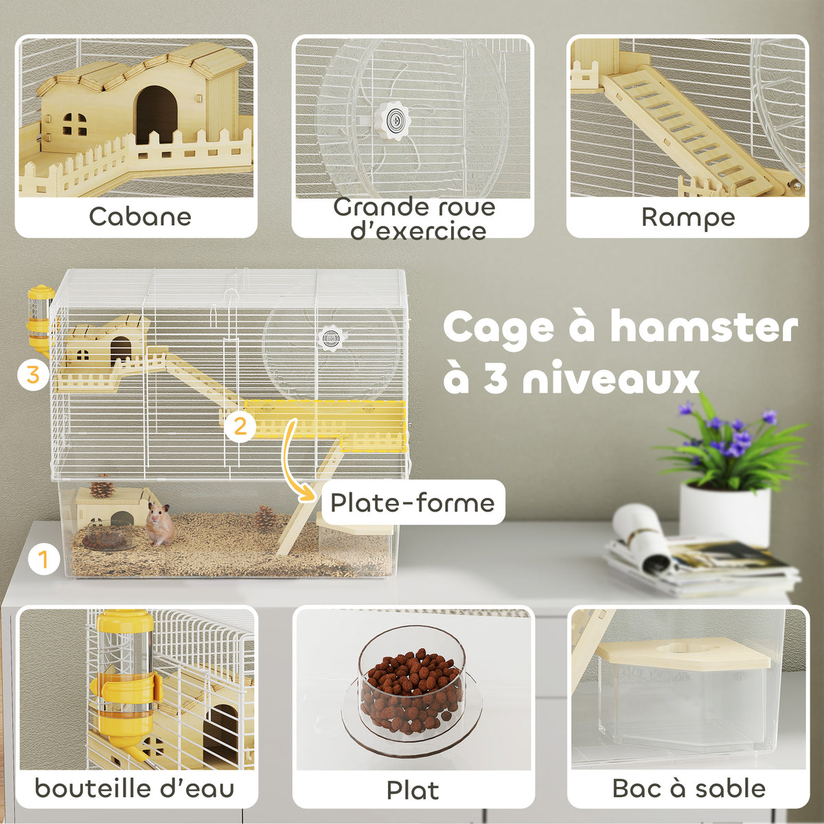 Hamsterkooi met 3 verdiepingen, knaagdierkooi met loopwiel, transparante diepe onderbak, 59 x 35,5 x 47 cm, wit