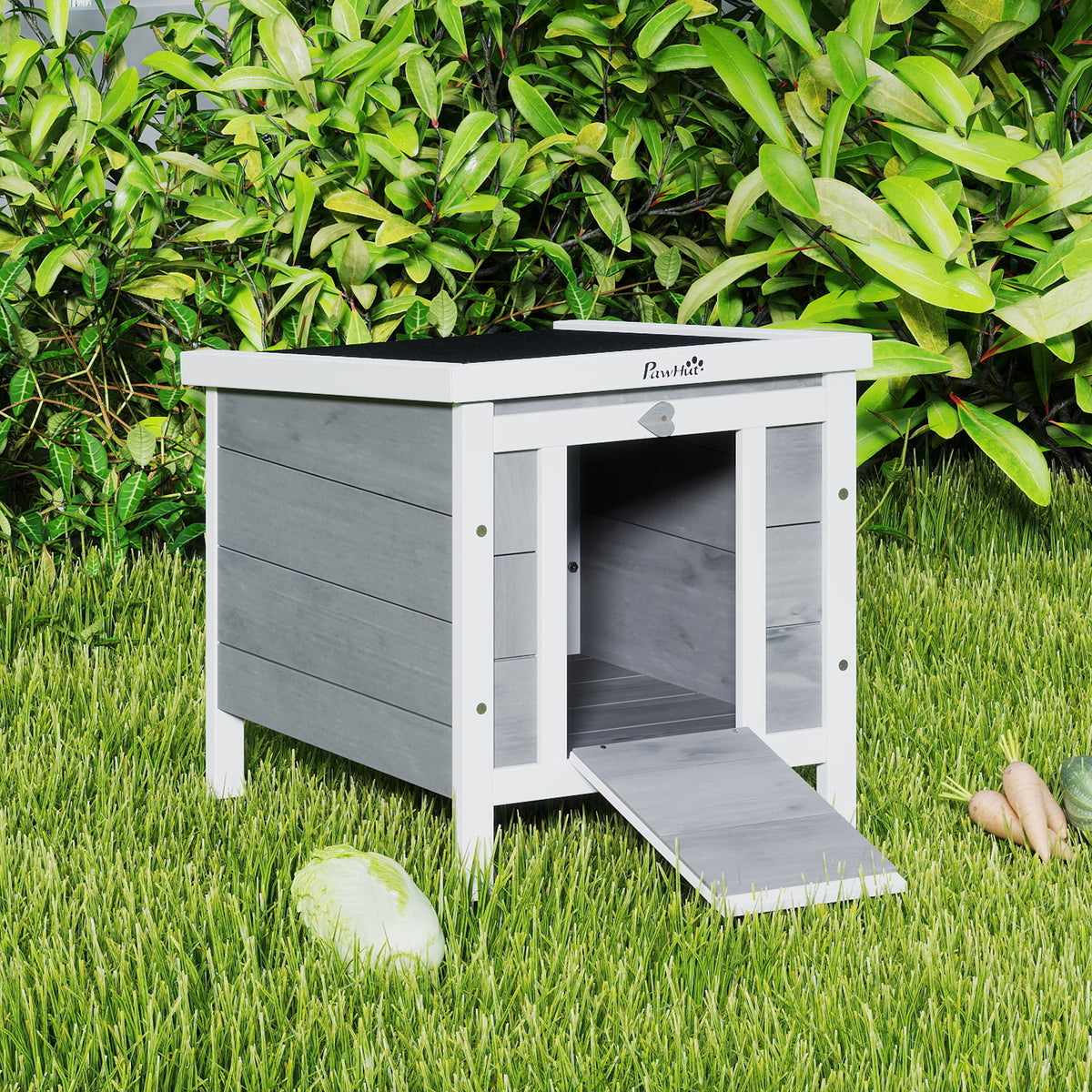 Clapier à lapin cage à lapin avec rampes/porte, toit ouvrant et étanche - en bois de sapin 51 x 42 x 43 cm gris et blanc