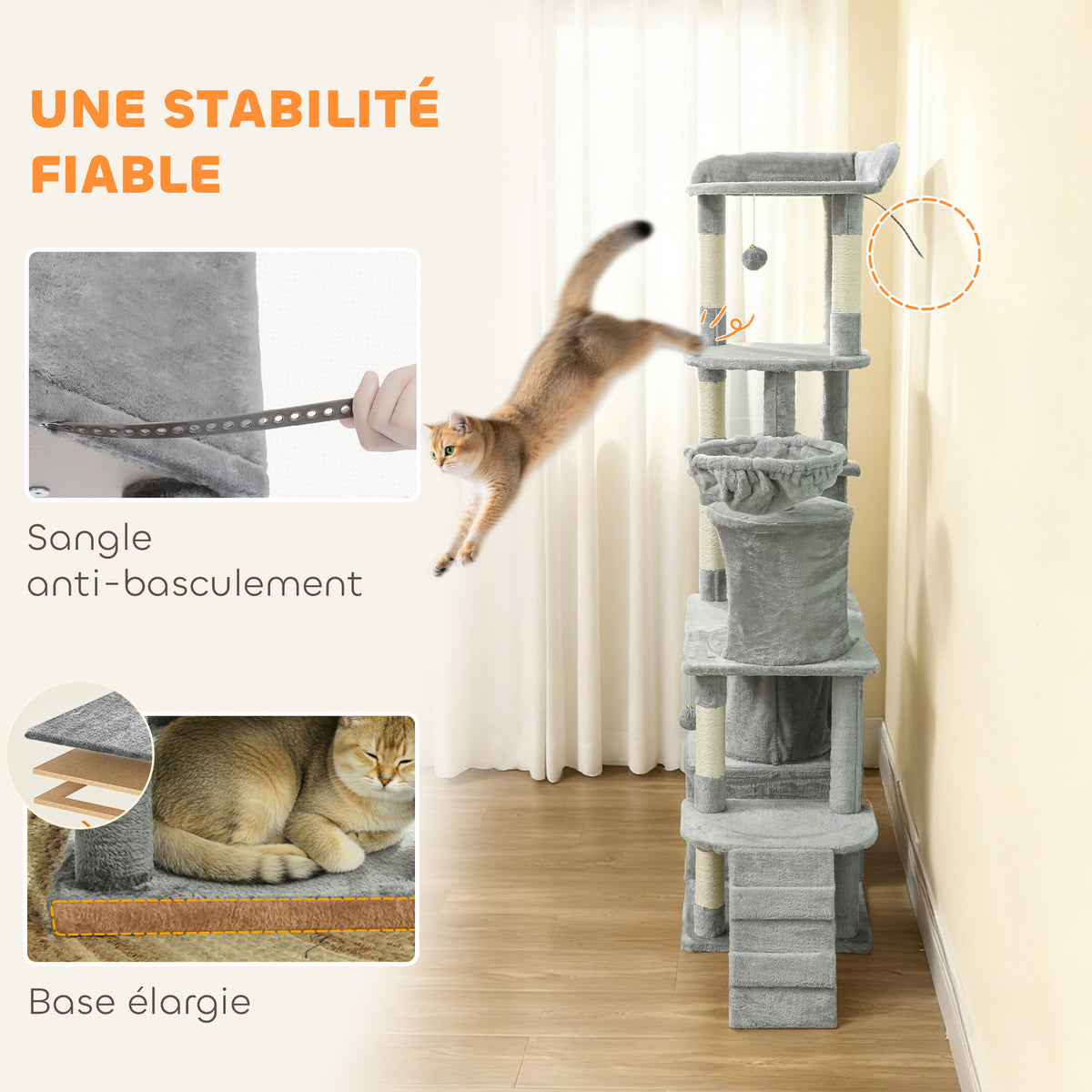 Arbre à chat tour de jeux 7 poteaux à griffer 3 plateformes 2 niches tunnel hamac et 2 pompons 170 cm gris foncé