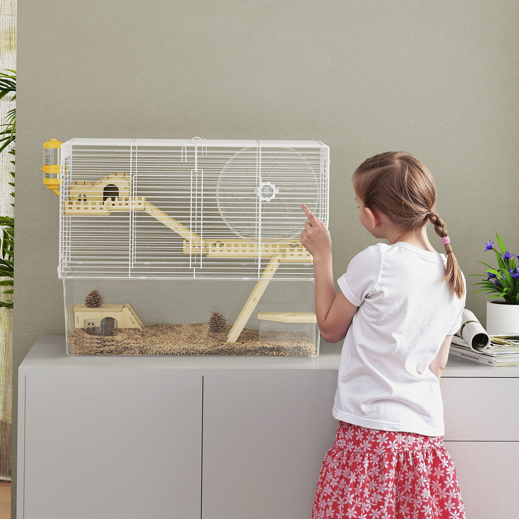 Hamsterkooi met 3 verdiepingen, knaagdierkooi met loopwiel, transparante diepe onderbak, 59 x 35,5 x 47 cm, wit