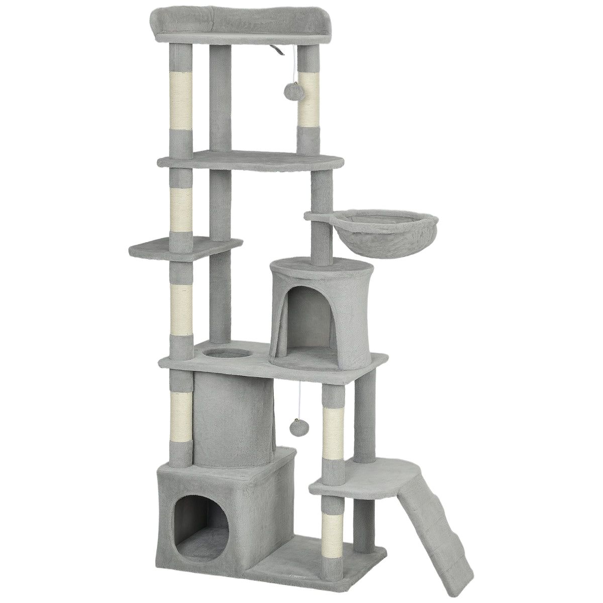 Krabpaal speeltoren 7 krabpalen 3 platforms 2 huisjes tunnel hangmat en 2 pluche balletjes 170 cm donkergrijs