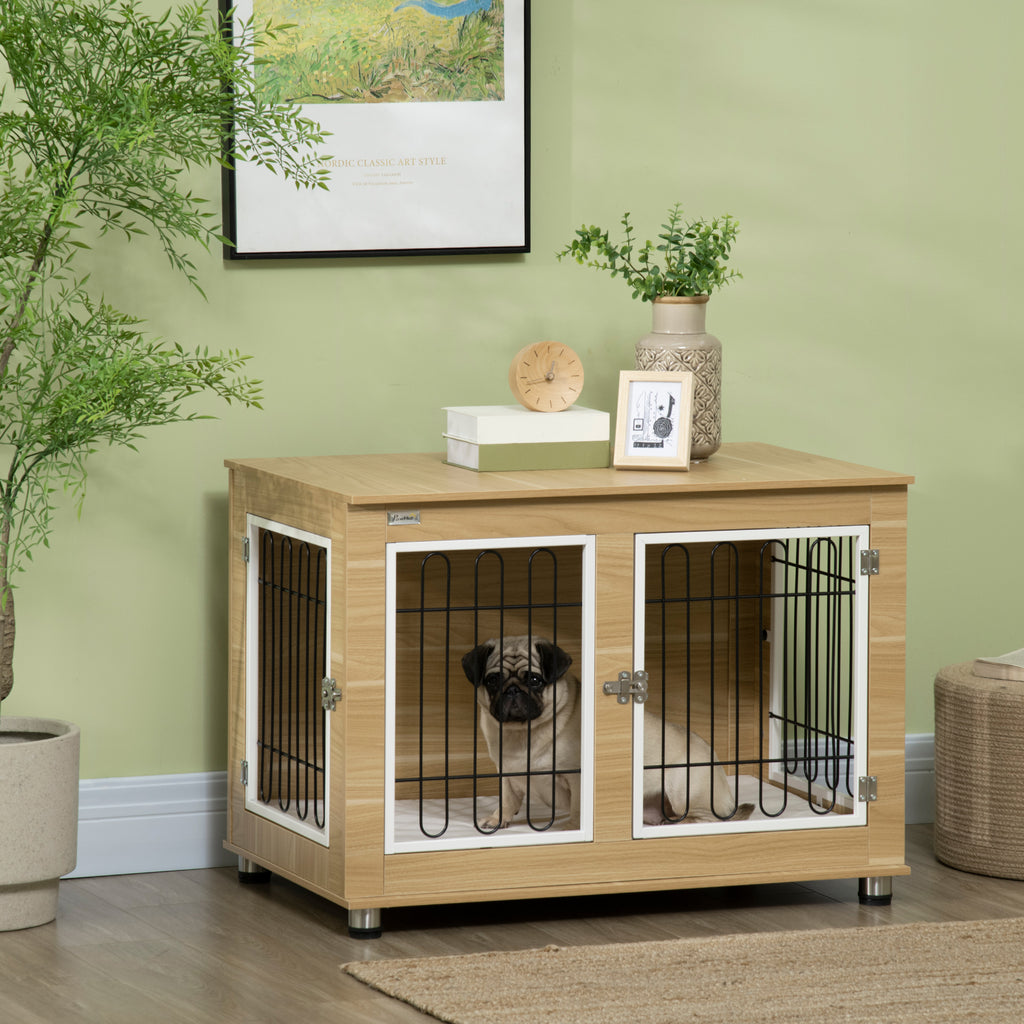 Cage pour chien animaux cage de chien sur pied avec coussin amovible acier aspect bois 90 x 58 x 65 cm