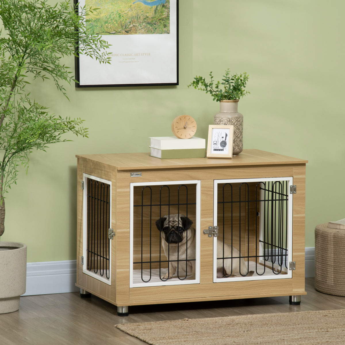 Cage pour chien animaux cage de chien sur pied avec coussin amovible acier aspect bois 90 x 58 x 65 cm
