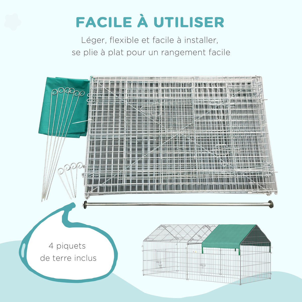 Clôture pour petits animaux cage pour animaux domestiques cadre en métal galvanisé 4 piquets de sol inclus 220 x