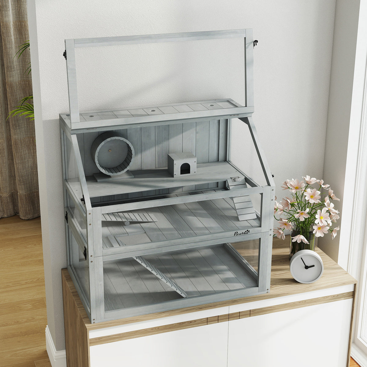 Cage Hamster Rongeur à 3 Niveaux, Base Amovible Profonde, Cabane, Balançoire, 80x50x76cm Gris Clair