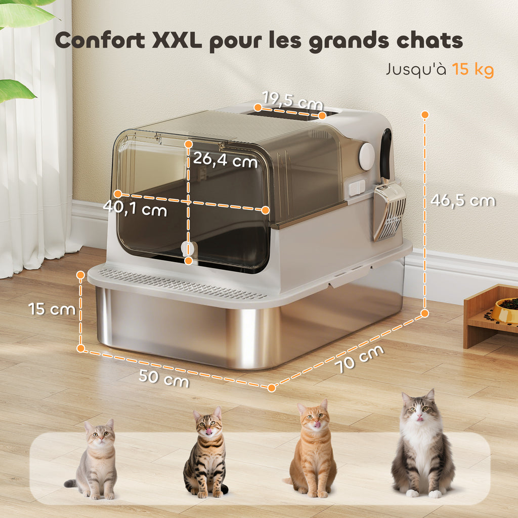 XXL Roestvrijstalen Kattentoilet, 90° Deksel, Dubbele Deur, Frontfilter, Schepje, 70x50x46,5cm, Grijs