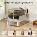 XXL Roestvrijstalen Kattentoilet, 90° Deksel, Dubbele Deur, Frontfilter, Schepje, 70x50x46,5cm, Grijs