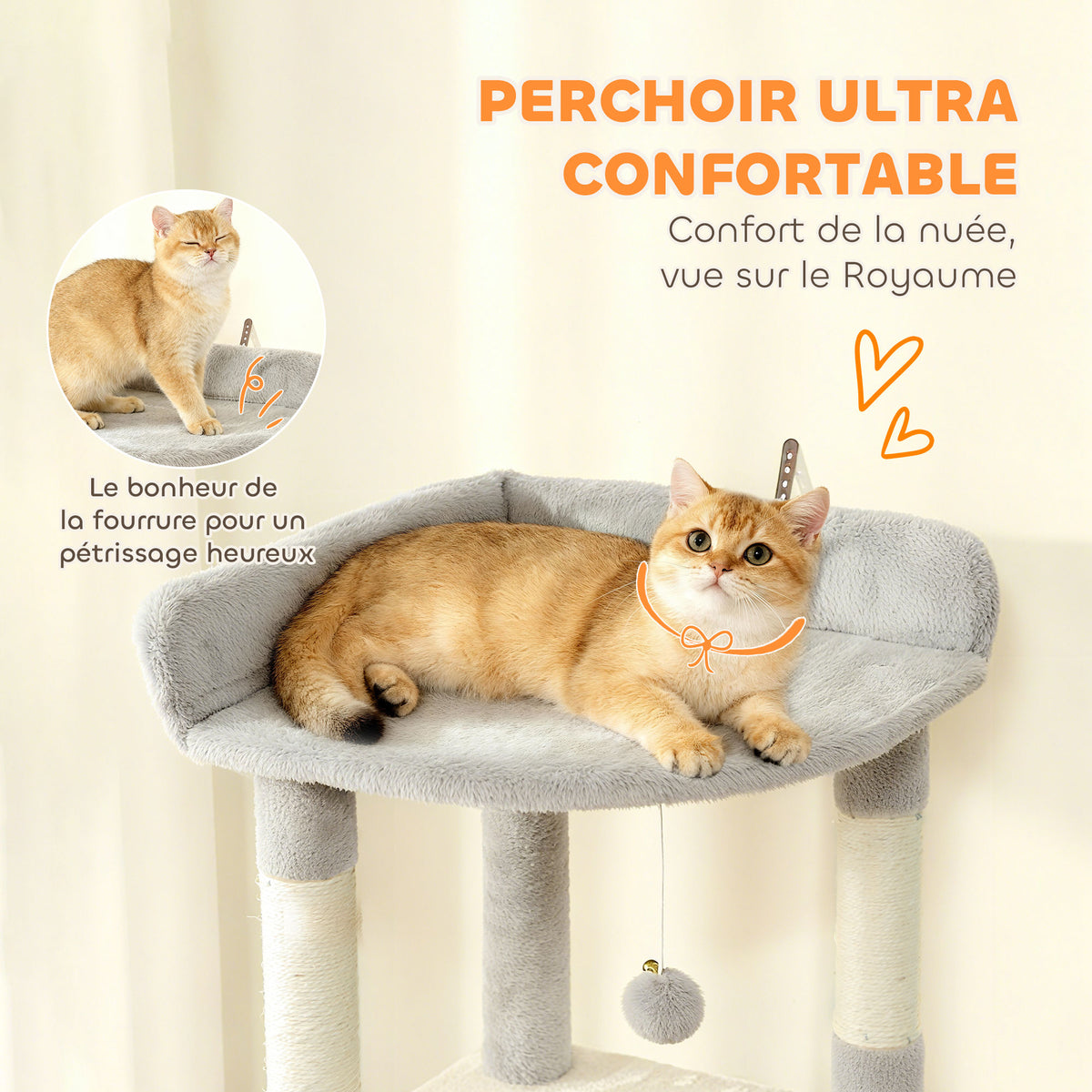 Arbre à chat tour de jeux 7 poteaux à griffer 3 plateformes 2 niches tunnel hamac et 2 pompons 170 cm gris foncé