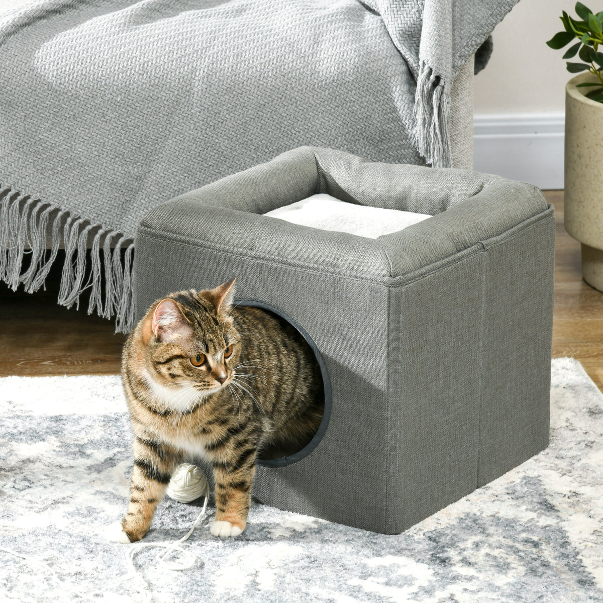 Niche voor kat met 2 niveaus en zacht pluche kussen - 36,5 x 36,5 x 33 cm grijs