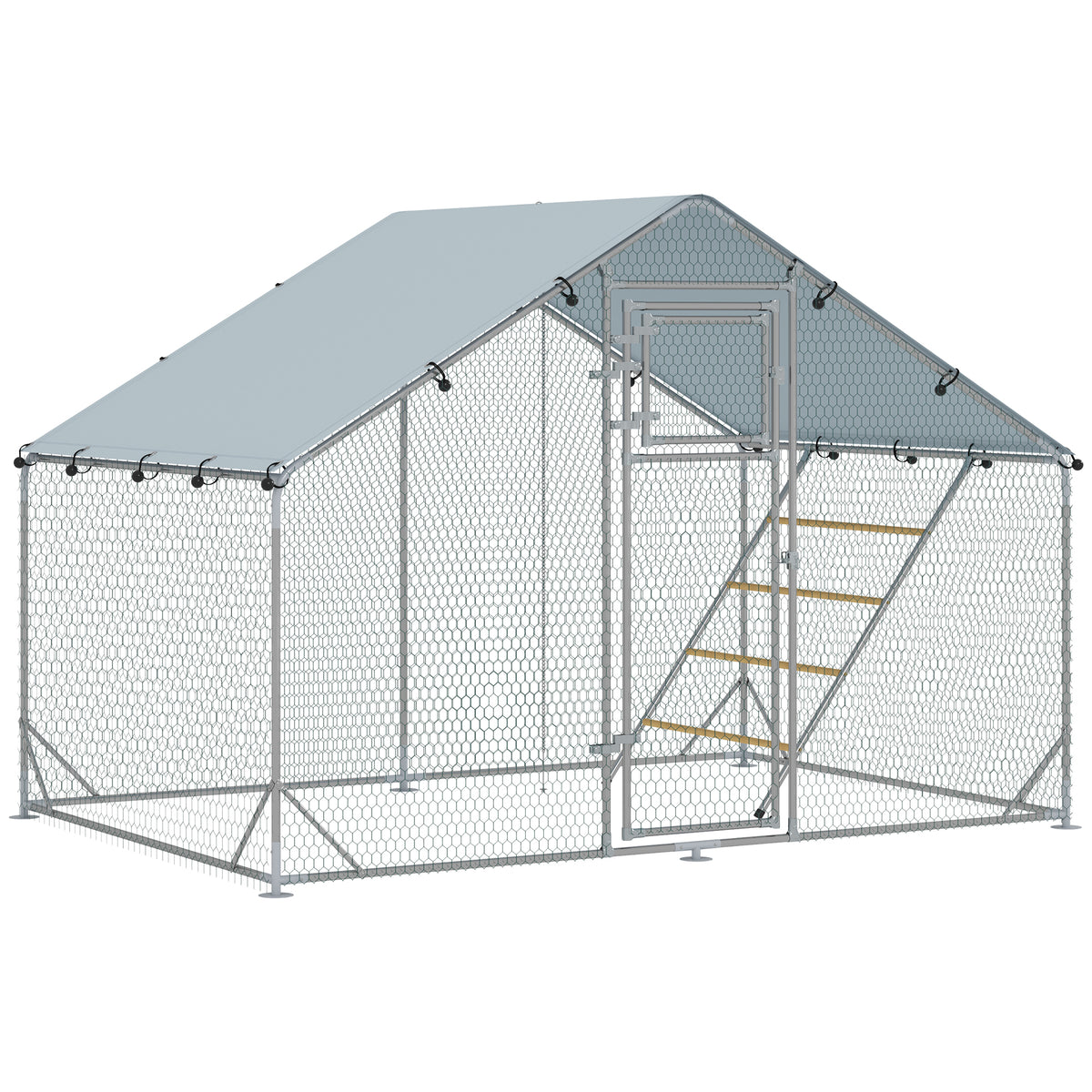 Enclos poulailler extérieur parc grillagé 6 m² avec perchoir et mangeoire acier galvanisé Ø25mm 300x200x195cm argent