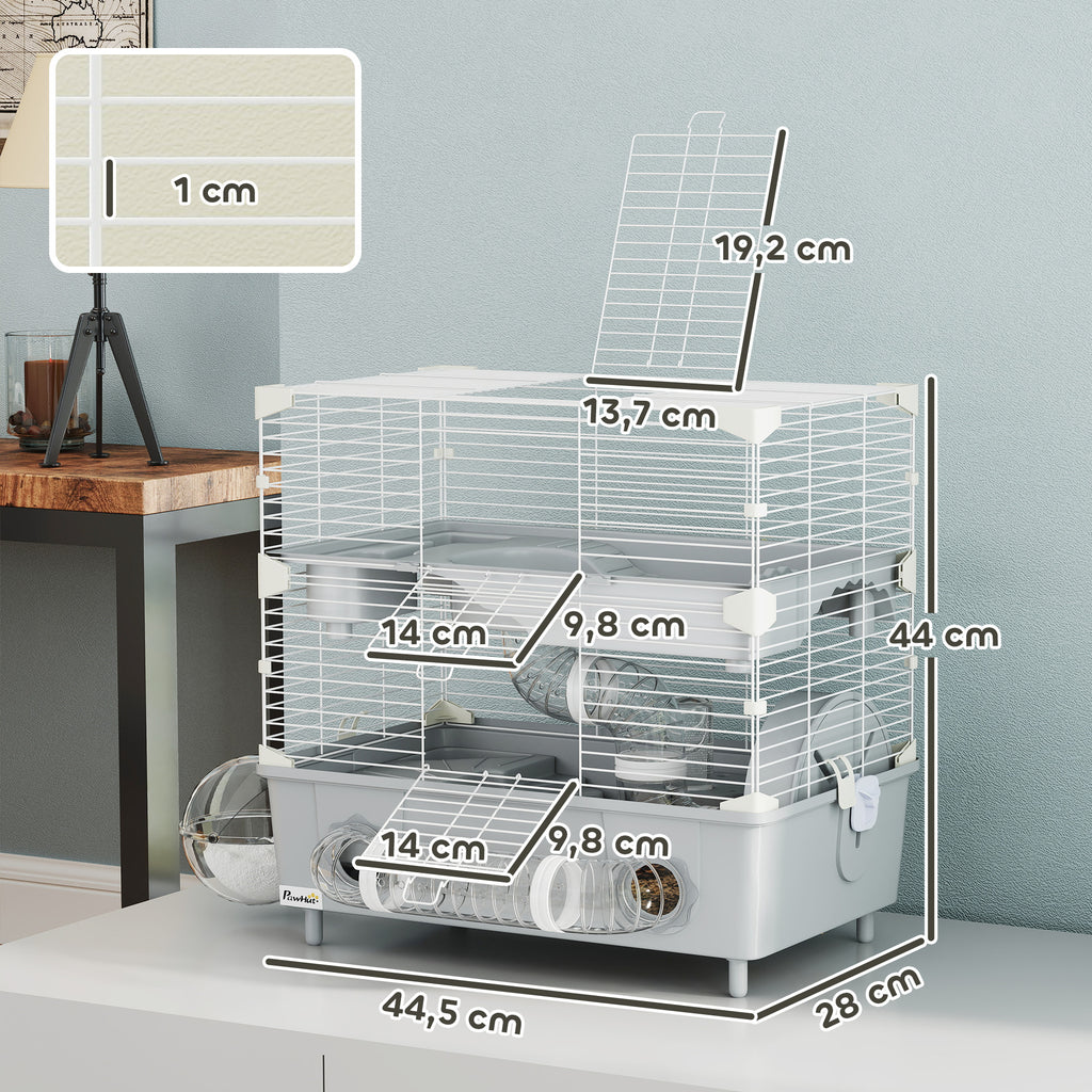 Cage pour hamster  à 2 niveaux avec roue de course salle de bain en sable pour hamster nain 44,5 x 28 x 44 cm gris