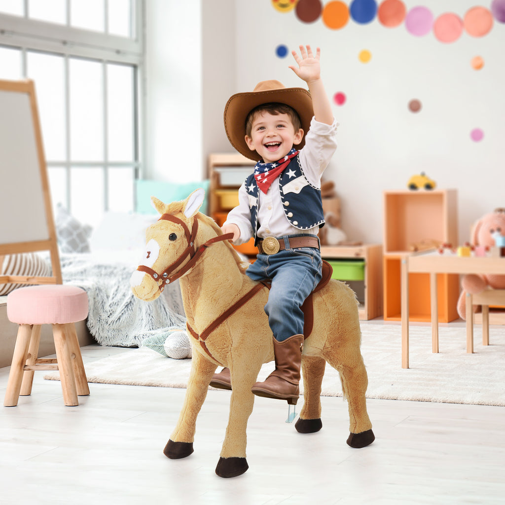 Staand pluche paard voor kinderen vanaf 2 jaar met geluidseffecten, zadel en hoofdstel, 85 cm (lengte), beige