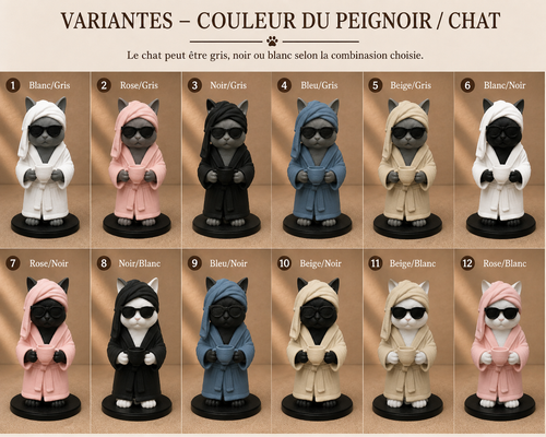 Kattenfiguur met badjas en koffie – Decoratief ontspanningsbeeldje