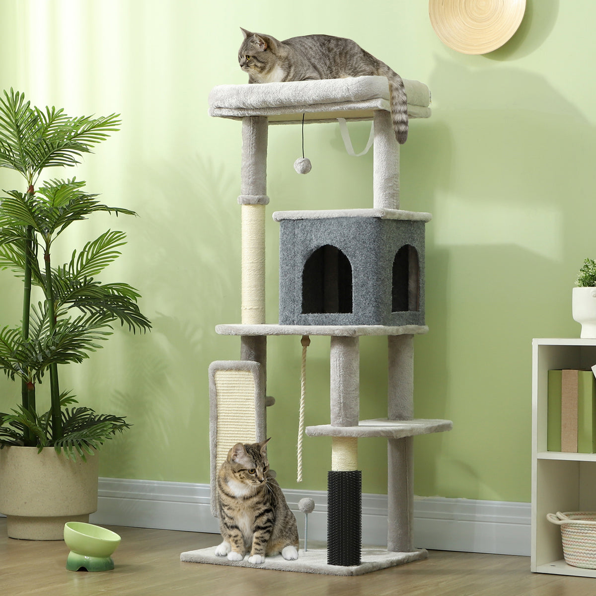 Krabpaal Speeltoren voor Katten Activiteitencentrum met Sisal Krabpalen Slaaphuisje Hoogte 132 cm Grijs
