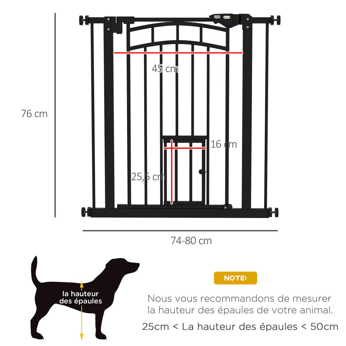 Veiligheidshek voor honden, zelfsluitend, zonder boren, 74 tot 80 cm, zwart staal