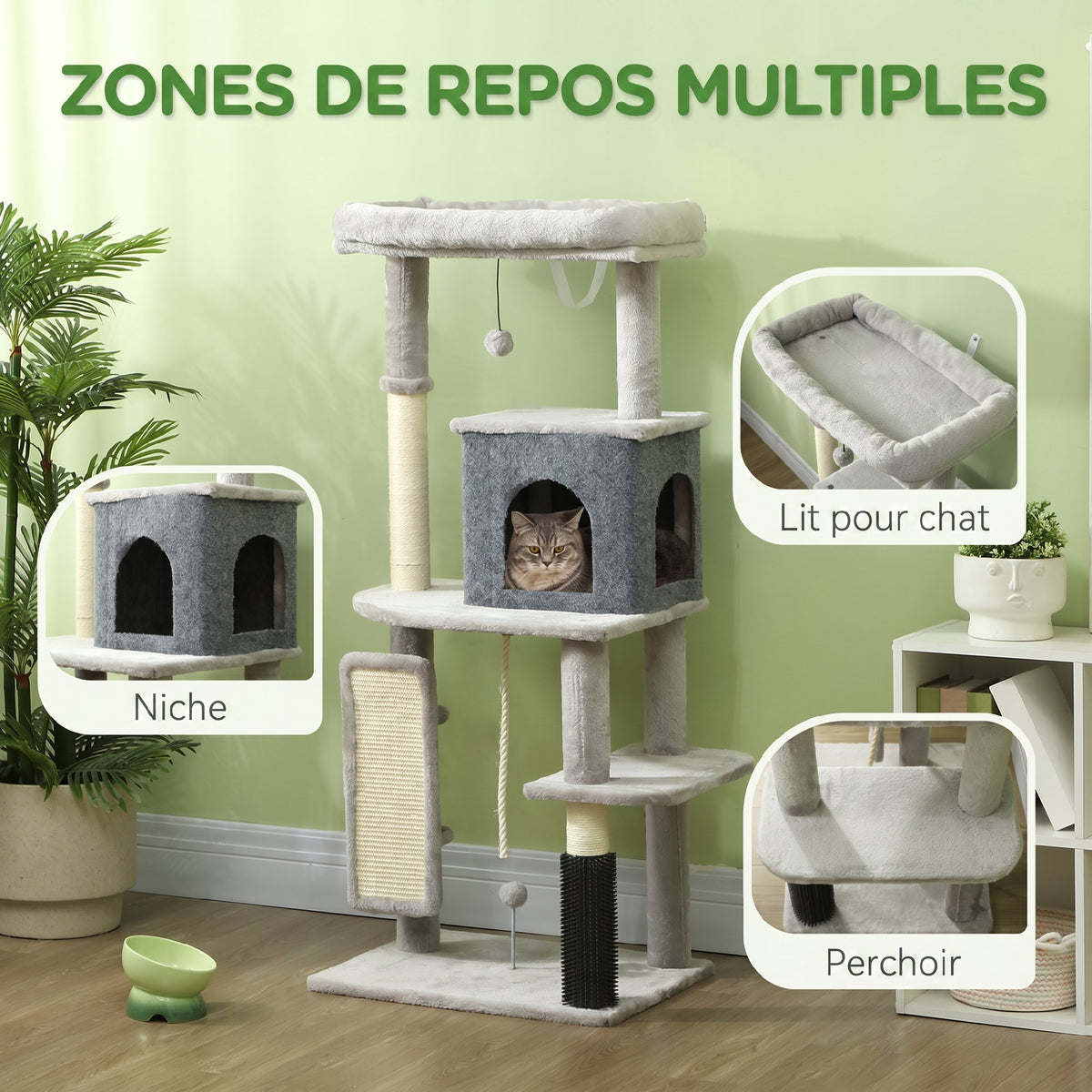 Krabpaal Speeltoren voor Katten Activiteitencentrum met Sisal Krabpalen Slaaphuisje Hoogte 132 cm Grijs