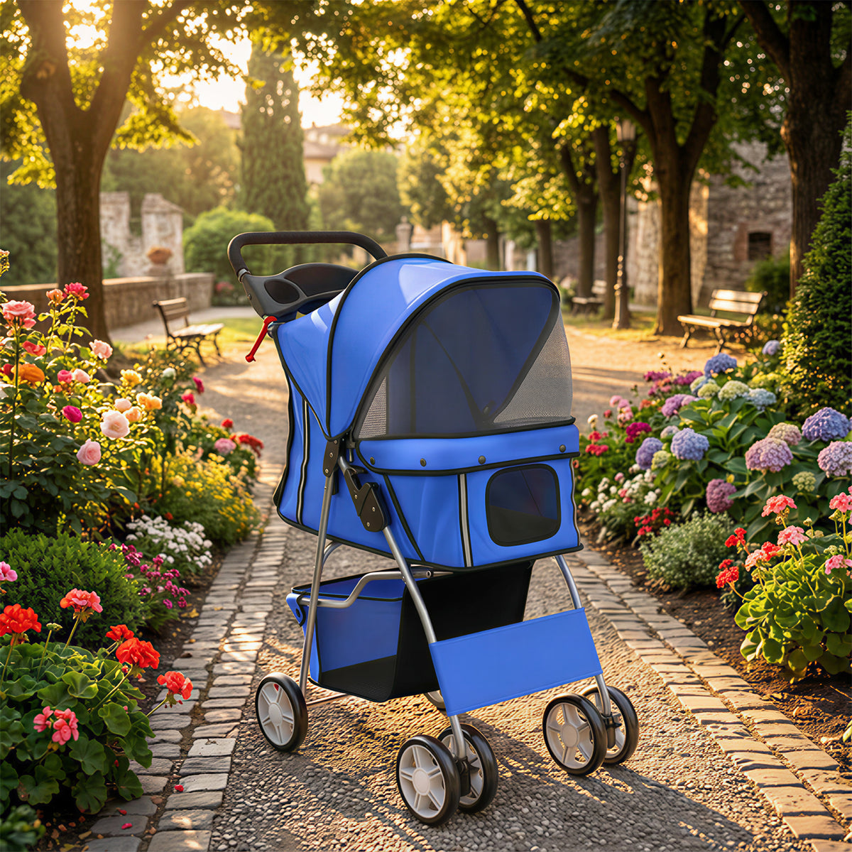 Opvouwbare dierenbuggy honden- en kattenwagen inklapbaar met bekerhouder en opbergmand 75 x 45 x 97 cm blauw