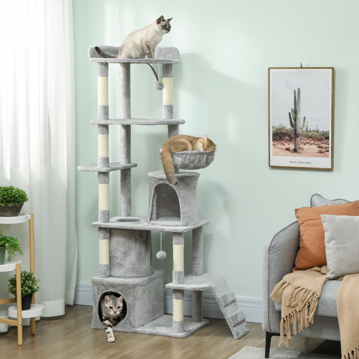 Krabpaal speeltoren 7 krabpalen 3 platforms 2 huisjes tunnel hangmat en 2 pluche balletjes 170 cm donkergrijs