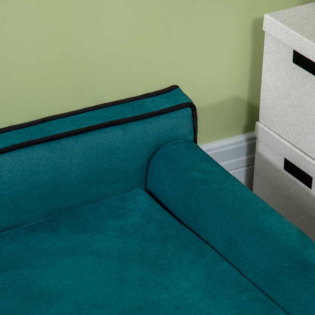 Design Scandinavisch honden- en kattenbankje, zacht uitneembaar kussen, poten van massief hout, 100 x 62 x 32 cm, eendeblauw