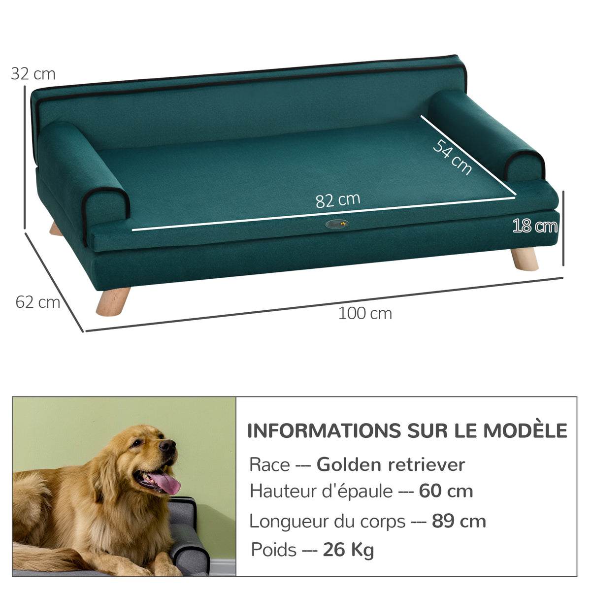Design Scandinavisch honden- en kattenbankje, zacht uitneembaar kussen, poten van massief hout, 100 x 62 x 32 cm, eendeblauw