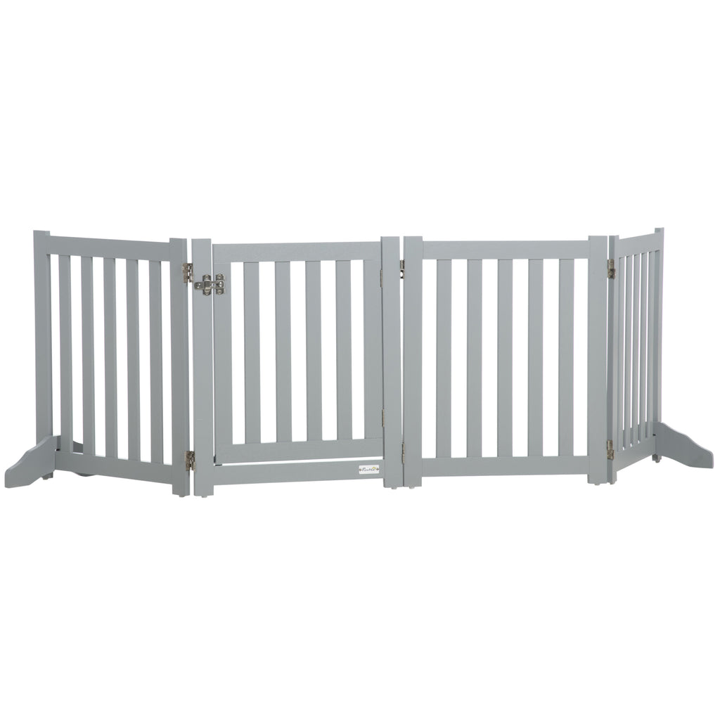 Barrière de Sécurité Chien Pliable Double Face en Bois, 4 Panneaux avec Porte, Pieds de Support, 205 x 60 cm, Gris