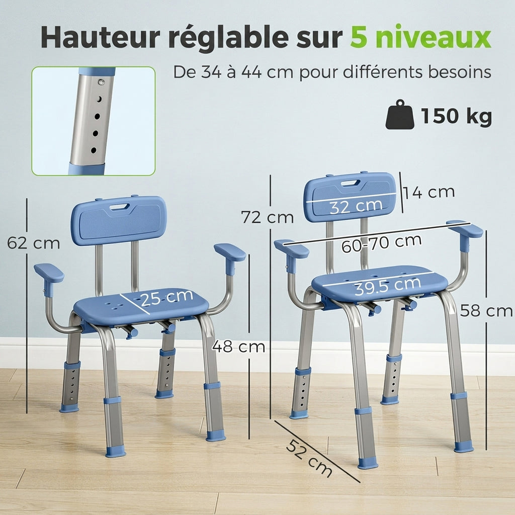Douchekruk douchestoel ergonomisch met armleuningen, rugleuning, in hoogte verstelbaar en verstelbare zitting, blauw