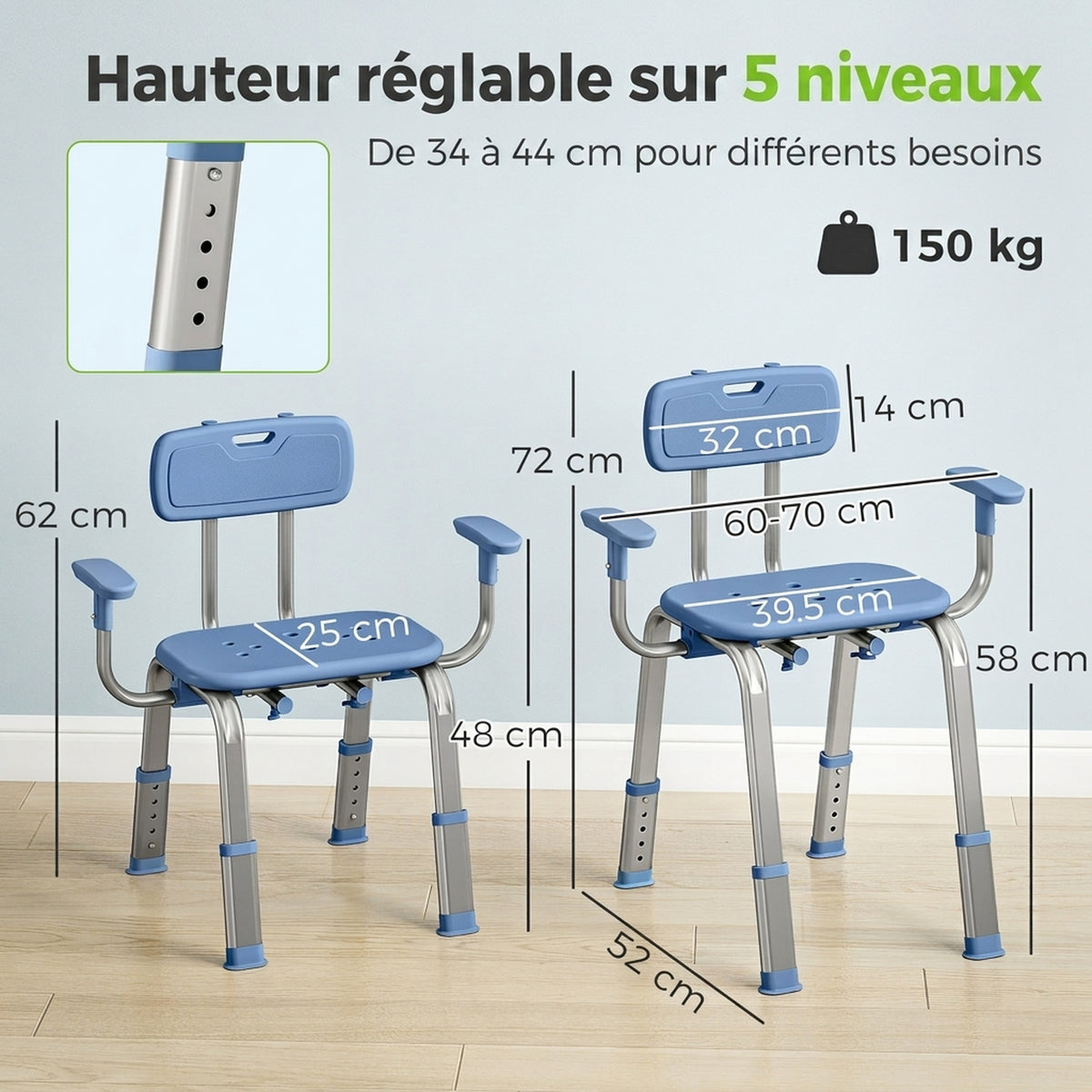 Douchekruk douchestoel ergonomisch met armleuningen, rugleuning, in hoogte verstelbaar en verstelbare zitting, blauw