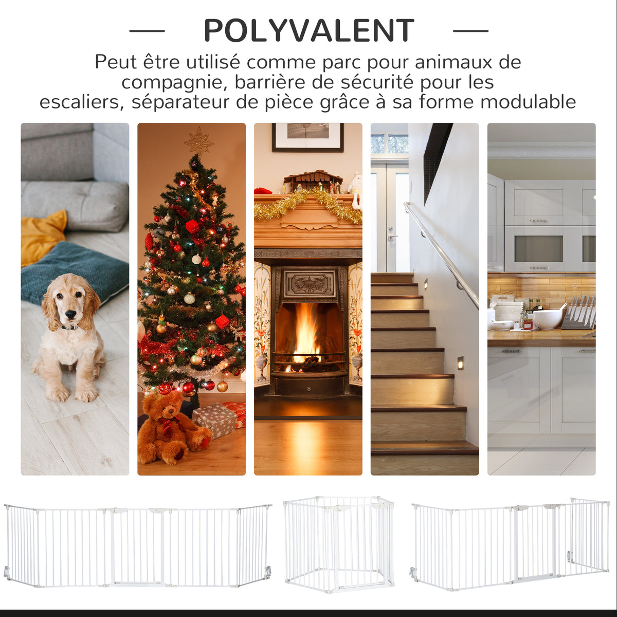Barrière de sécurité parc enclos chien modulable pliable porte intégrée 300L max. x 74,5H cm métal PP blanc