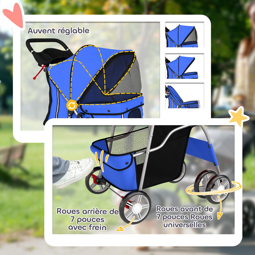 Opvouwbare dierenbuggy honden- en kattenwagen inklapbaar met bekerhouder en opbergmand 75 x 45 x 97 cm blauw