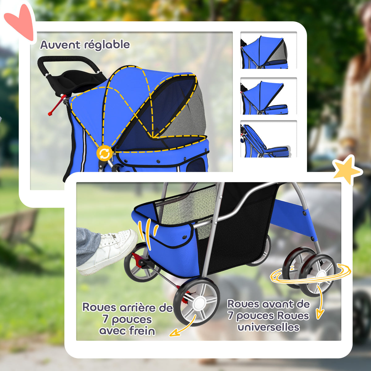 Opvouwbare dierenbuggy honden- en kattenwagen inklapbaar met bekerhouder en opbergmand 75 x 45 x 97 cm blauw