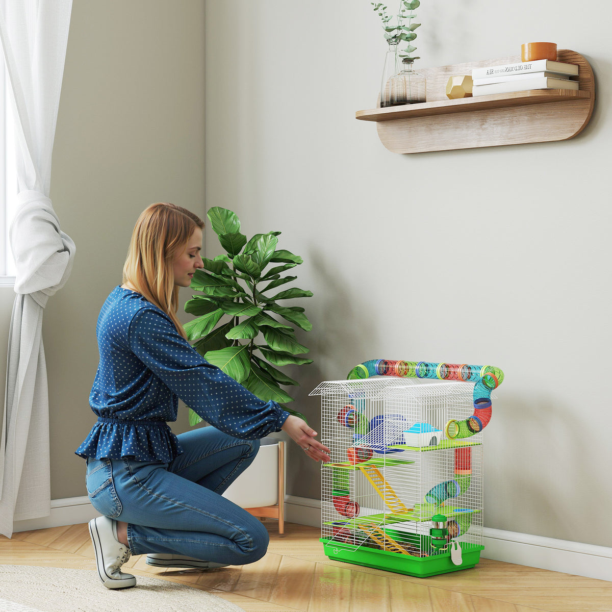 Hamster- en muizenkooi voor kleine knaagdieren met tunnel, voerbak, loopwiel en speelgoed 47 x 30 x 59 cm groen