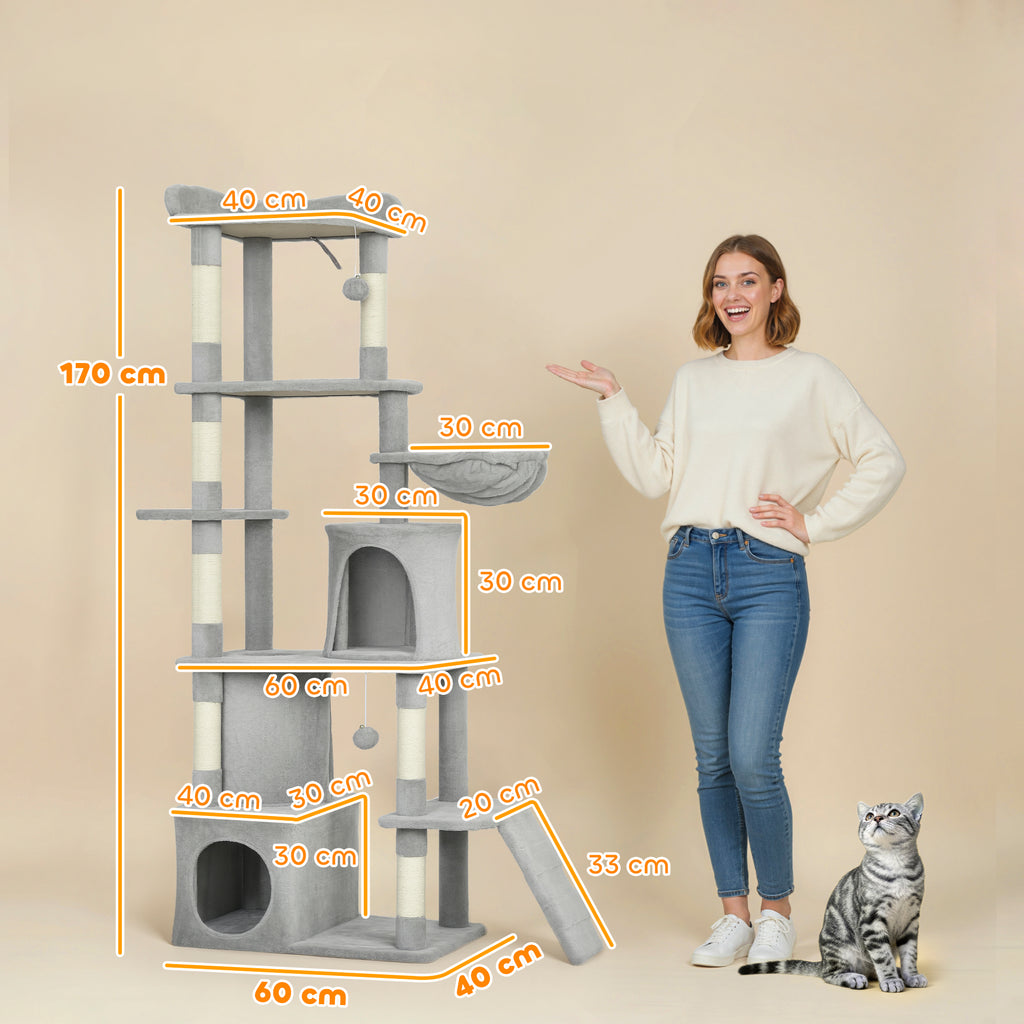 Arbre à chat tour de jeux 7 poteaux à griffer 3 plateformes 2 niches tunnel hamac et 2 pompons 170 cm gris foncé