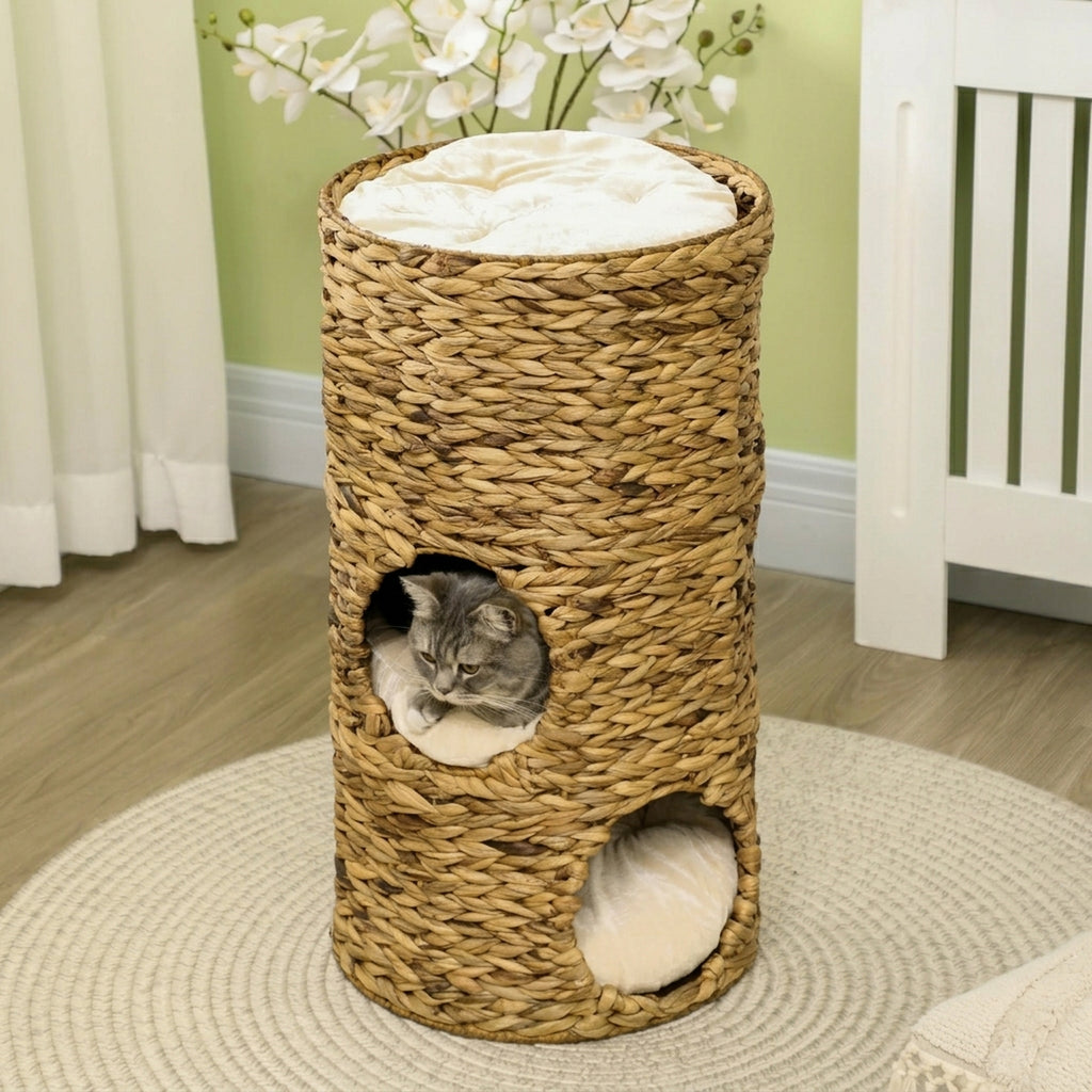 Tonneau à Gratter pour Chat 3 Niveaux, Coussins, Tressage en Jacinthe d'Eau, Cadre en Acier, Ø 40 x 73 cm, Marron Clair