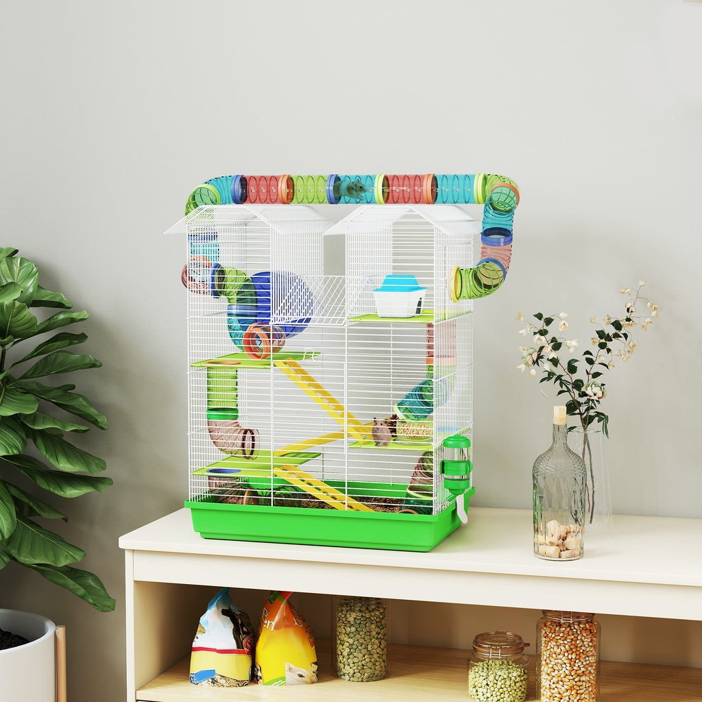 Hamster- en muizenkooi voor kleine knaagdieren met tunnel, voerbak, loopwiel en speelgoed 47 x 30 x 59 cm groen