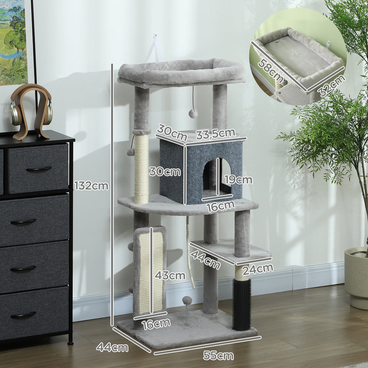 Krabpaal Speeltoren voor Katten Activiteitencentrum met Sisal Krabpalen Slaaphuisje Hoogte 132 cm Grijs