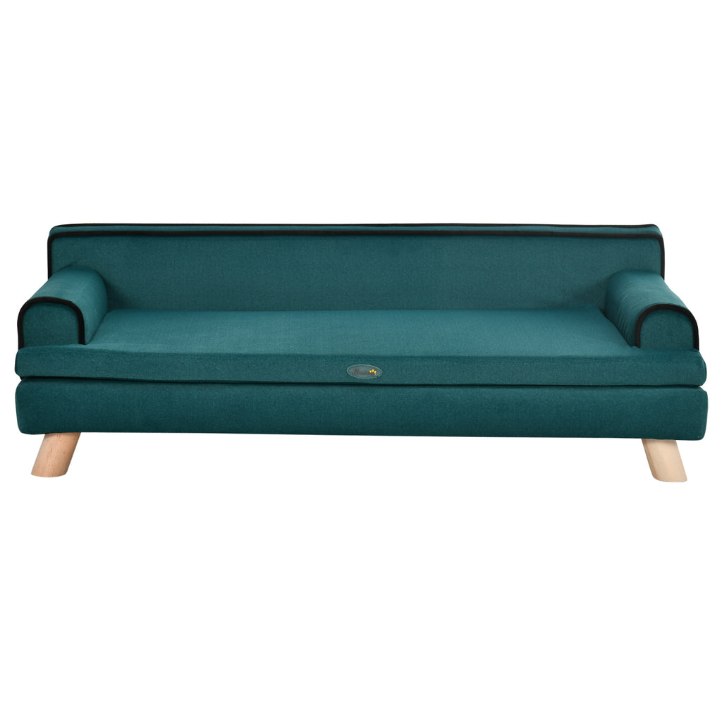 Design Scandinavisch honden- en kattenbankje, zacht uitneembaar kussen, poten van massief hout, 100 x 62 x 32 cm, eendeblauw