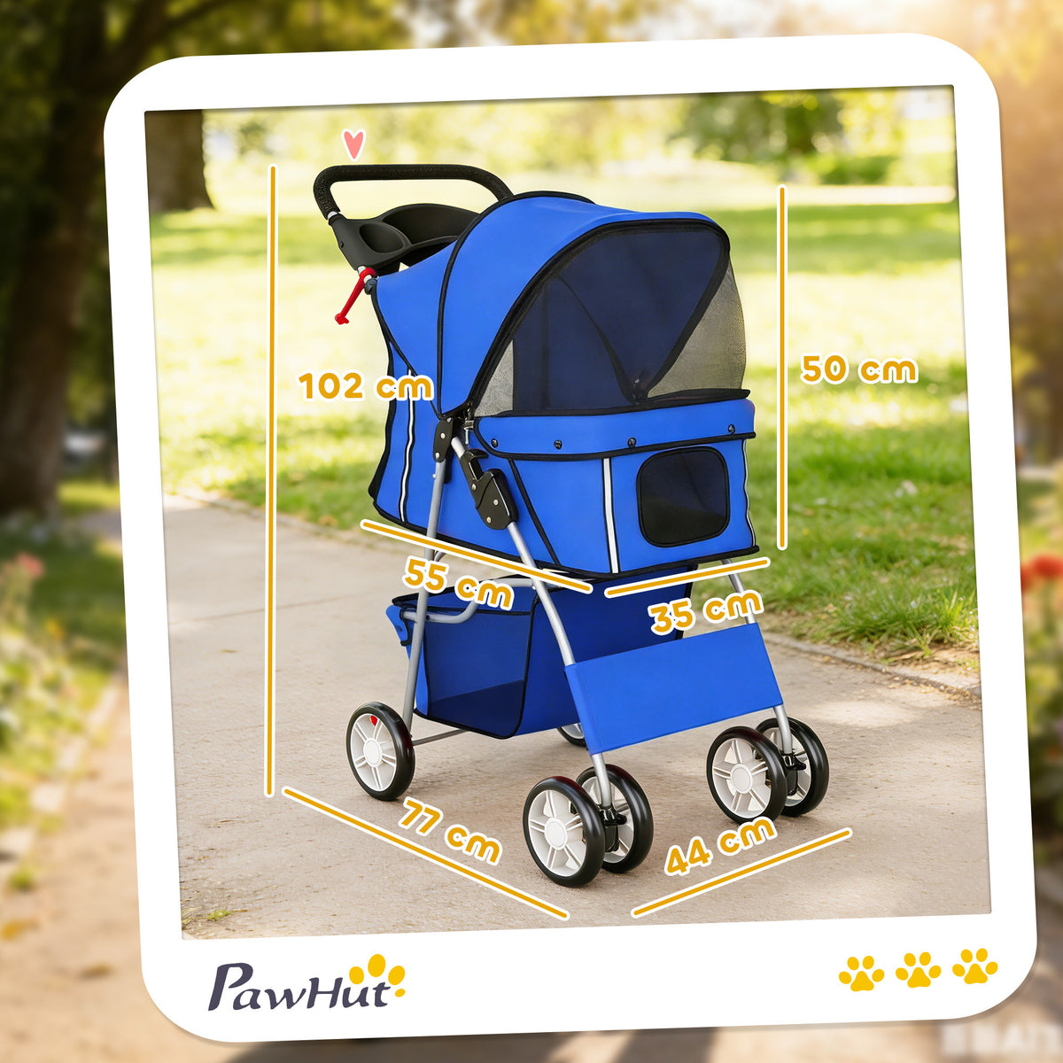 Opvouwbare dierenbuggy honden- en kattenwagen inklapbaar met bekerhouder en opbergmand 75 x 45 x 97 cm blauw