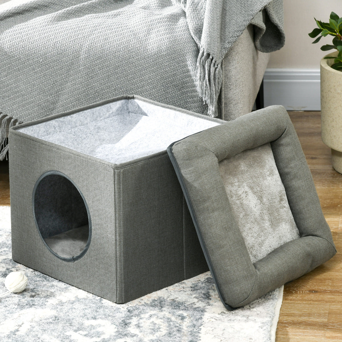 Niche voor kat met 2 niveaus en zacht pluche kussen - 36,5 x 36,5 x 33 cm grijs