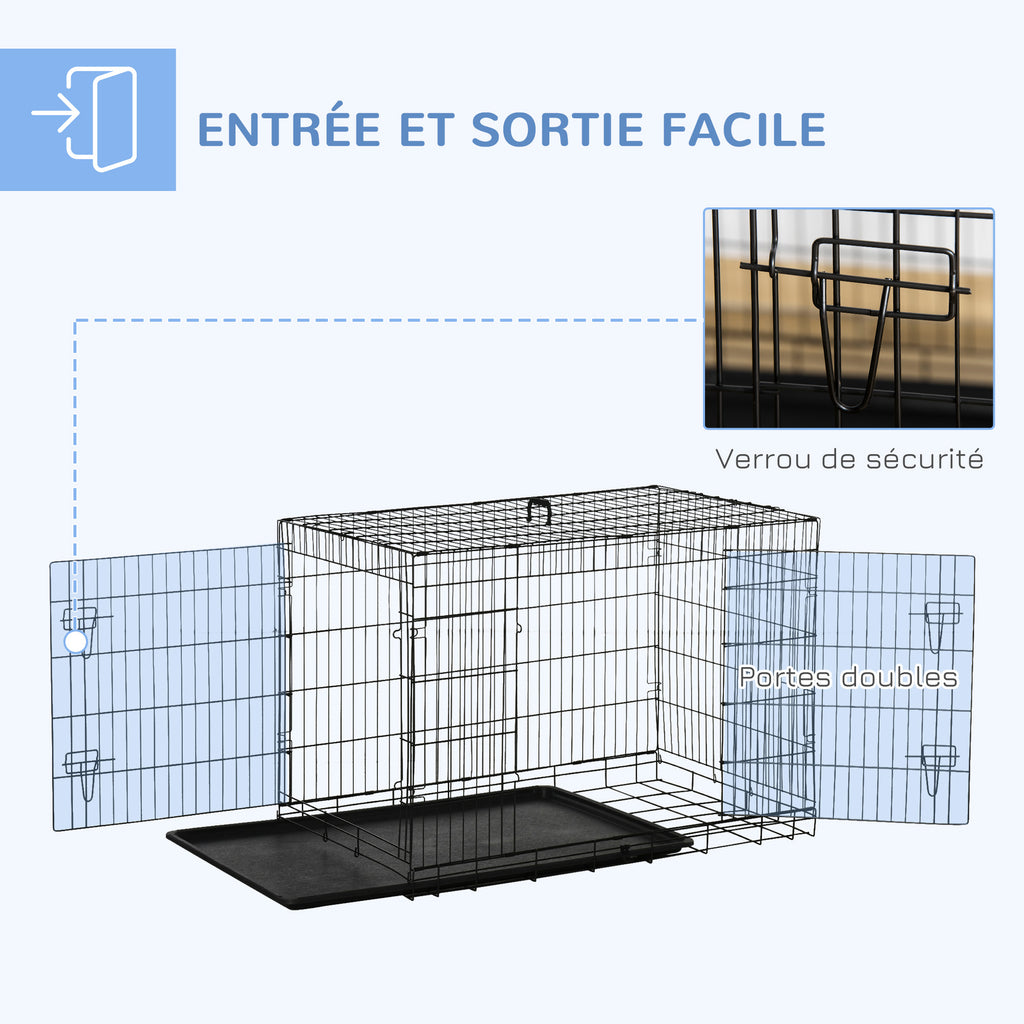 Cage caisse de transport pliante pour chien en acier 2 portes verrouillables 106L x 71,5l x 76H cm noir