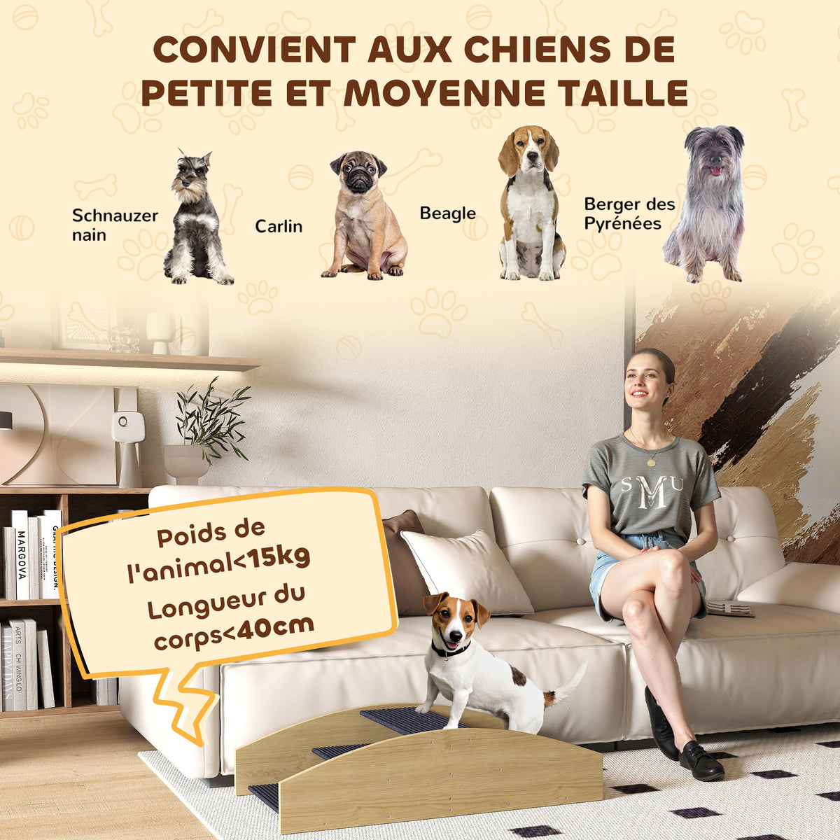 Omkeerbare wankelplank voor honden agility 2-in-1 hondentrap met 3 treden van hout 80x39,5x20cm, naturel hout