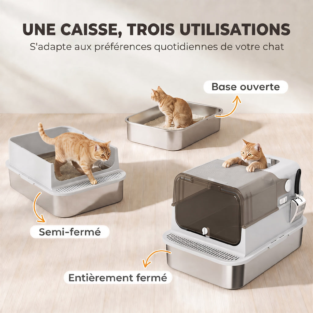XXL Roestvrijstalen Kattentoilet, 90° Deksel, Dubbele Deur, Frontfilter, Schepje, 70x50x46,5cm, Grijs