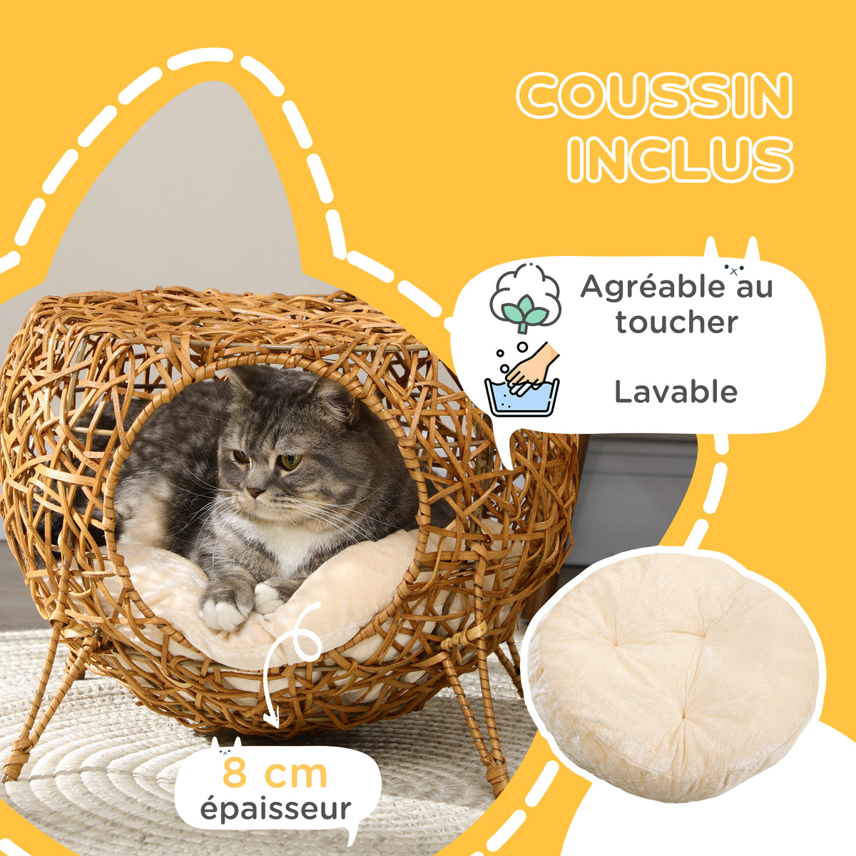 Kattenmand kattenbed kattenhuis rotan kattenhuis dik kussen Ø 40 x 32 cm lichtbruin