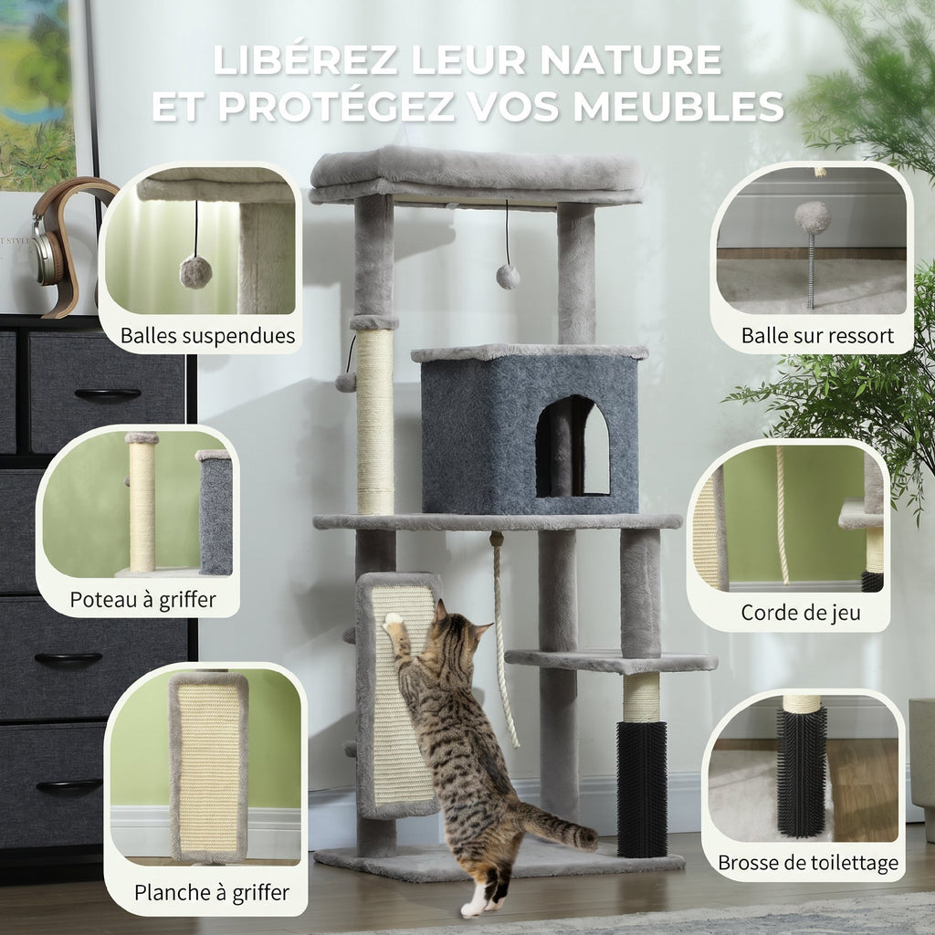 Arbre à Chat Tour de Jeux pour Chats Centre d'Activités avec Poteaux à Griffer en Sisal Niche Hauteur 132 cm Gris